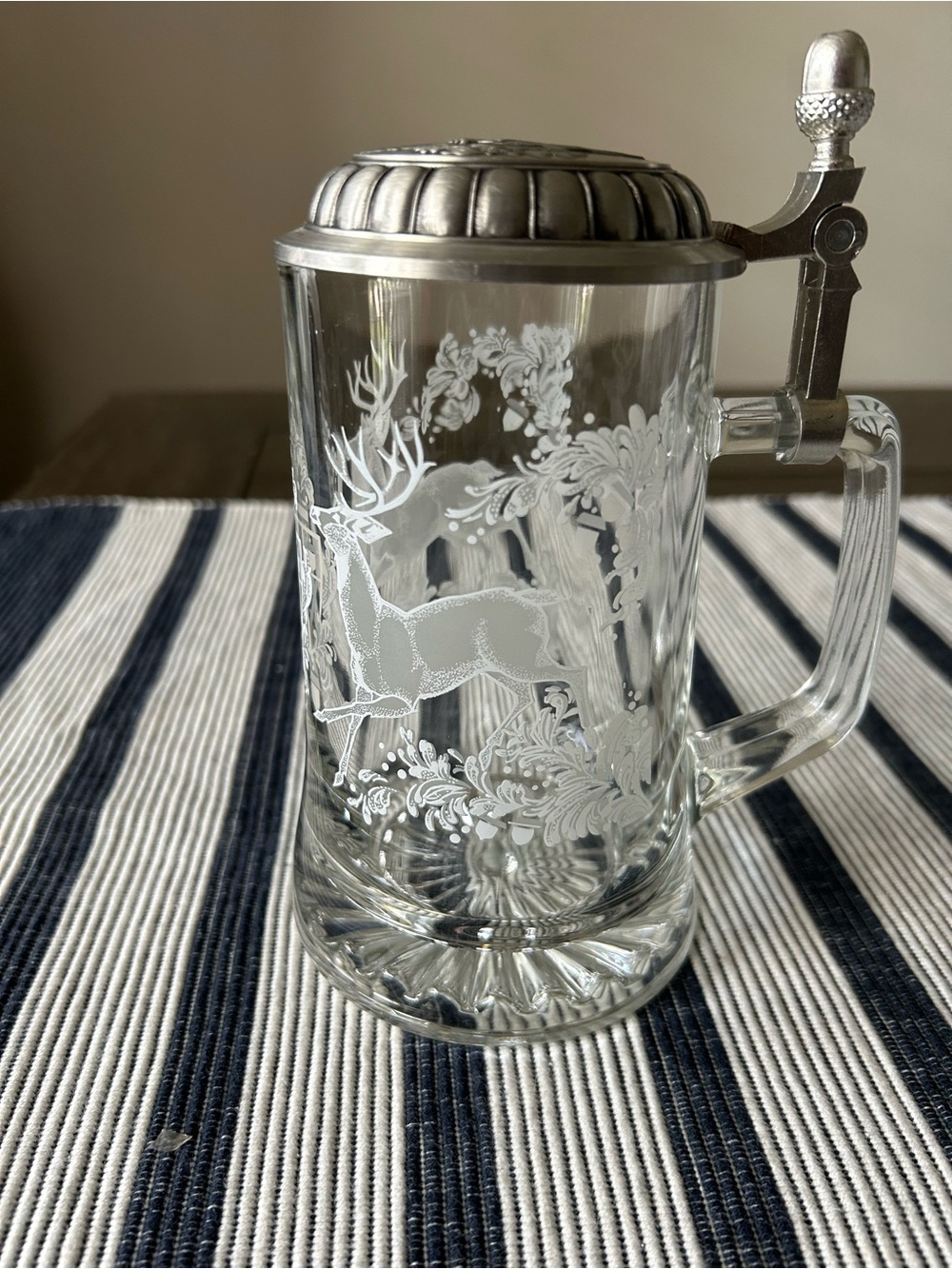 Glass Beer Stein with Stag Design